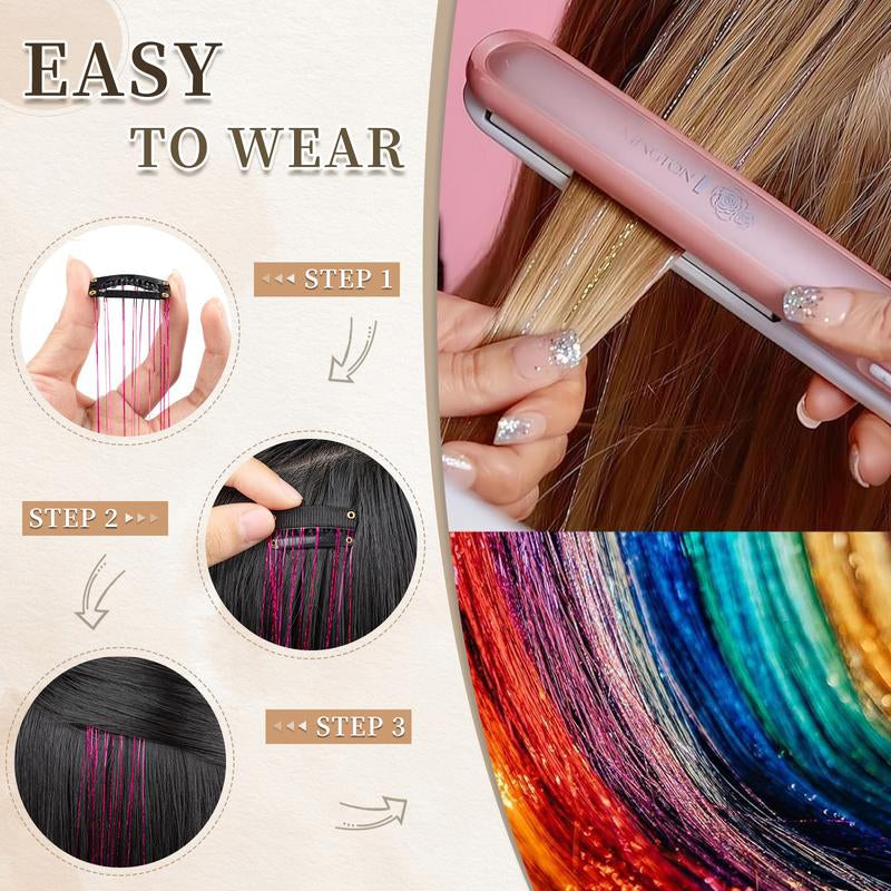 Hair Tinsel Kit Pack of 6 Pcs Colorful Glitter Tinsel Hair Accessories 20 Inch Clip in Hair Tinsel Extensions Heat Resistant Shiny Tinsel Sparkle Fairy Hair Accessories Party Kit for Women Girls Kids
