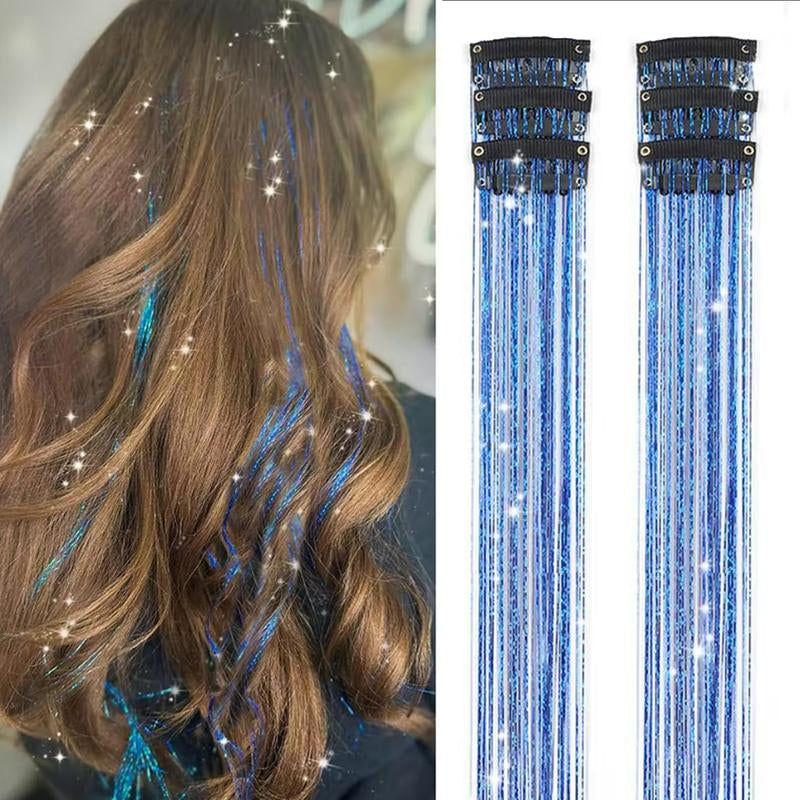 Hair Tinsel Kit Pack of 6 Pcs Colorful Glitter Tinsel Hair Accessories 20 Inch Clip in Hair Tinsel Extensions Heat Resistant Shiny Tinsel Sparkle Fairy Hair Accessories Party Kit for Women Girls Kids
