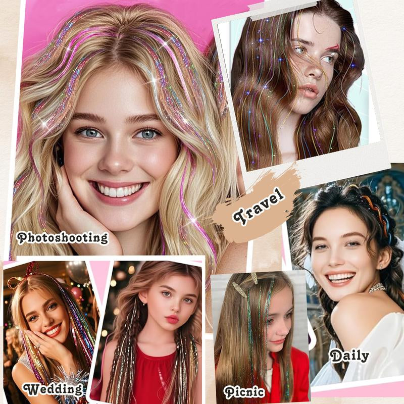 Hair Tinsel Kit Pack of 6 Pcs Colorful Glitter Tinsel Hair Accessories 20 Inch Clip in Hair Tinsel Extensions Heat Resistant Shiny Tinsel Sparkle Fairy Hair Accessories Party Kit for Women Girls Kids