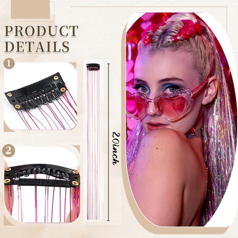 Hair Tinsel Kit Pack of 6 Pcs Colorful Glitter Tinsel Hair Accessories 20 Inch Clip in Hair Tinsel Extensions Heat Resistant Shiny Tinsel Sparkle Fairy Hair Accessories Party Kit for Women Girls Kids
