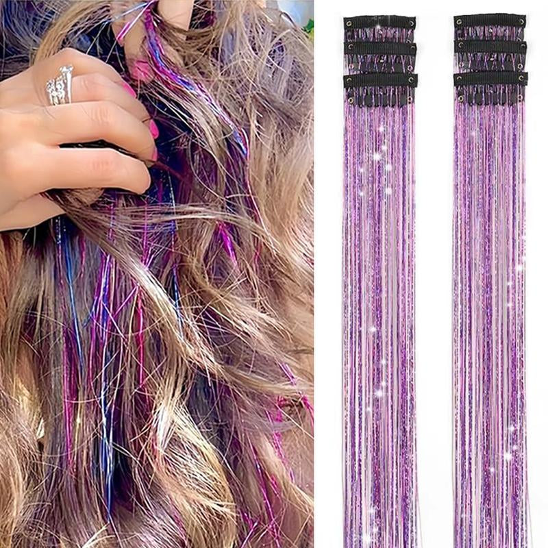 Hair Tinsel Kit Pack of 6 Pcs Colorful Glitter Tinsel Hair Accessories 20 Inch Clip in Hair Tinsel Extensions Heat Resistant Shiny Tinsel Sparkle Fairy Hair Accessories Party Kit for Women Girls Kids