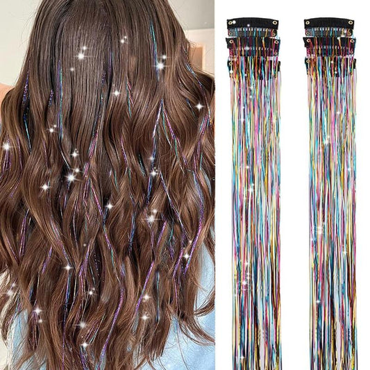 Hair Tinsel Kit Pack of 6 Pcs Colorful Glitter Tinsel Hair Accessories 20 Inch Clip in Hair Tinsel Extensions Heat Resistant Shiny Tinsel Sparkle Fairy Hair Accessories Party Kit for Women Girls Kids