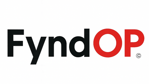 FyndOP red black logo on white background.