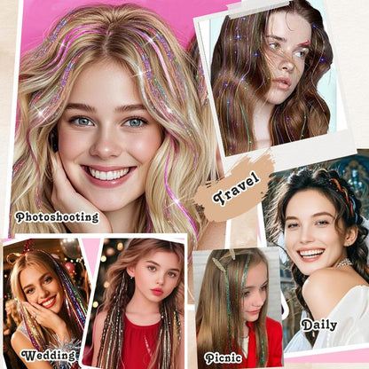 Hair Tinsel Kit Pack of 6 Pcs Colorful Glitter Tinsel Hair Accessories 20 Inch Clip in Hair Tinsel Extensions Heat Resistant Shiny Tinsel Sparkle Fairy Hair Accessories Party Kit for Women Girls Kids